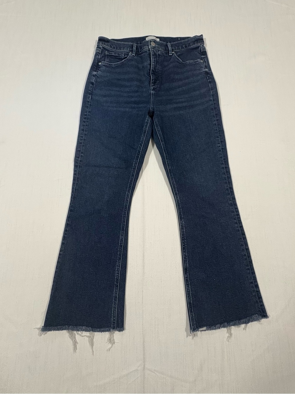LOFT Dark Indigo Flare Crop Jeans with Raw Hem size 12 light stretch